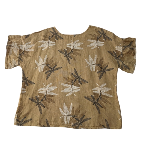 Elana Baldi 100% Linen Blouse Dragonfly Top Ruffle Sleeve Italy Tan Large - Picture 4 of 7
